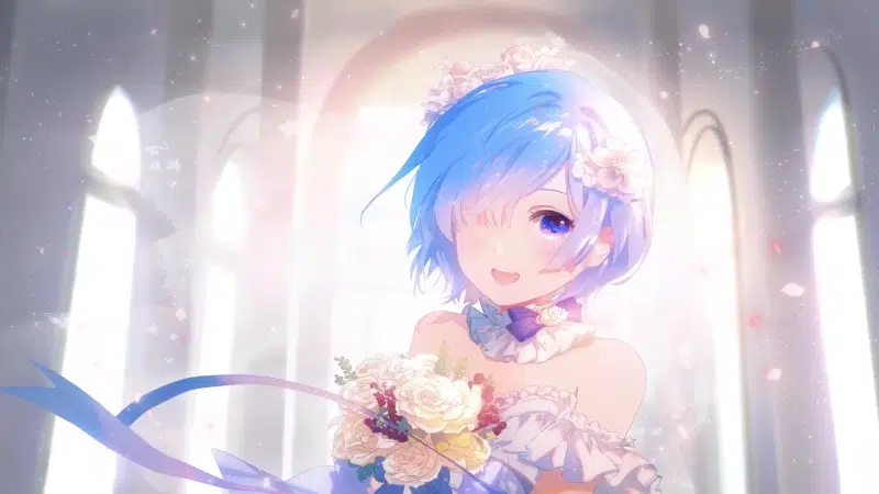 arts, wedding dress, anime girls, anime, flowers, rem, petals, re:zero, wedding Live Wallpaper