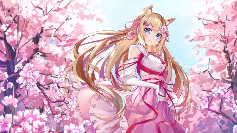 neko, petals, cat girl, sakura, nice girl, anime girls, dress, tail, arts, beautiful girl, anime, ears, virtual youtuber, hanazono serena Live Wallpaper