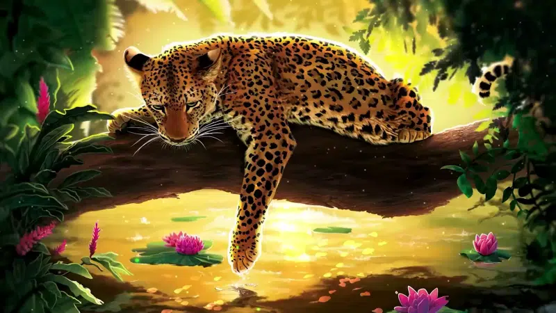 lake, leopard, the lotus, water, arts, forest, water lilies, flowers, animals Live Wallpaper