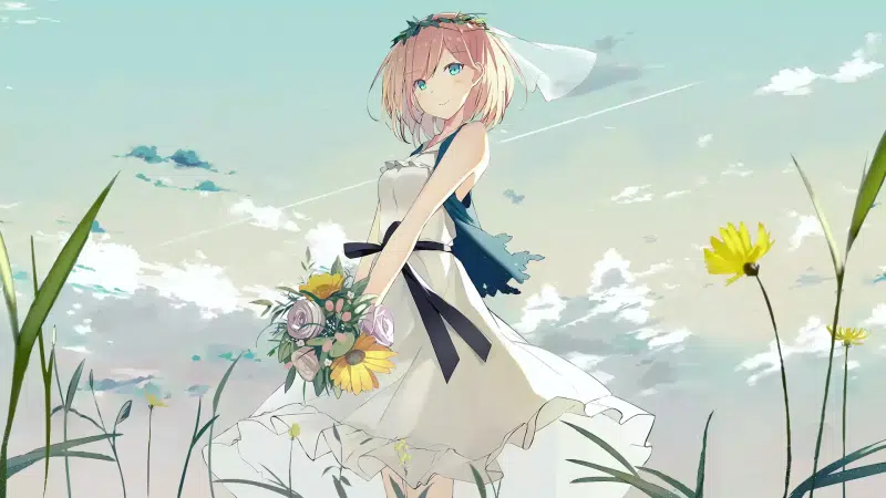 beautiful girl, anime, arts, sky, dress, anime girls, smile, flowers Live Wallpaper