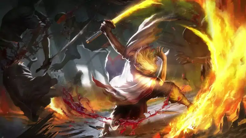katana, blood, fire, anime, kyojuro rengoku, corpse, sword, arts, battlefield, demon slayer Live Wallpaper