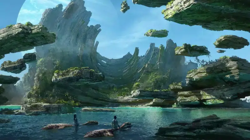 water, floating stones, pandora, avatar, floating in the water, river, jake sully, soaring rocks, neytiri, arts, hallelujah, lake, fantasy, movies Live Wallpaper