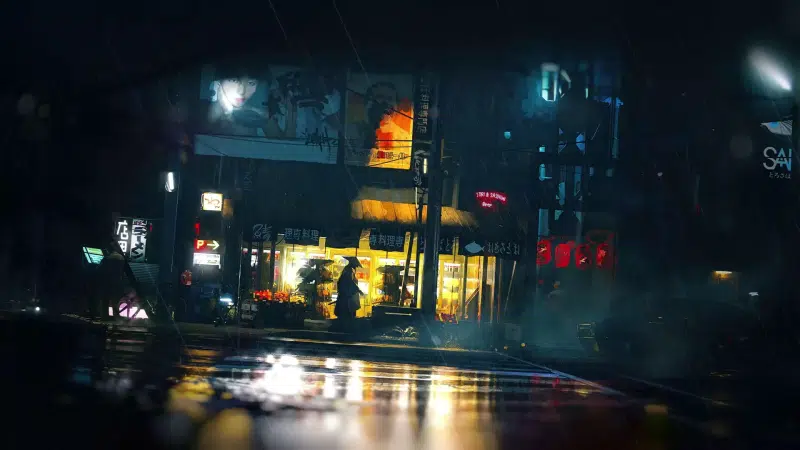 japan, cities, shop, night, arts, the city at night, street, rain, samurai Live Wallpaper
