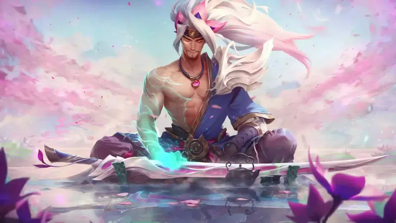 katana, yasuo, spirit blossom, sword, sakura, league of legends, lol, petals, anime, games, arts Live Wallpaper