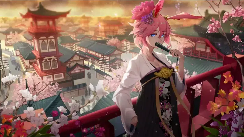 ears, anime girls, anime, flowers, arts, cities, flame sakitama, sakura, fan, japanese style, petals, yae sakura Live Wallpaper