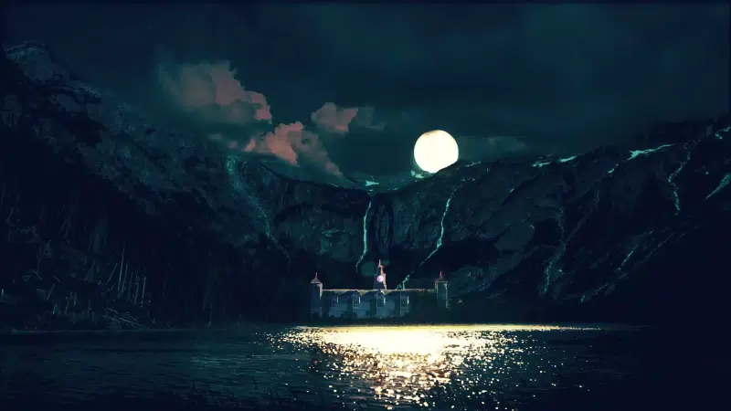 mountains, landscapes - nature, arts, lake house, full moon, moon, night, lake Live Wallpaper