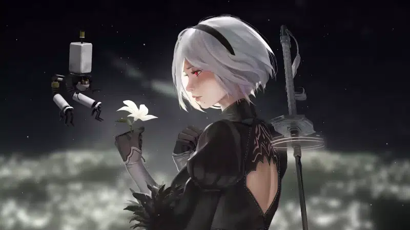 games, yorha, 2b, emils memories, flower, android, nier:automata, anime, robots, drone, anime girls, flowers, moon tear, glade of flowers, sword, arts Live Wallpaper