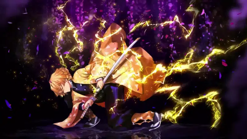 zenitsu agatsuma, black background, anime, sword, katana, arts, demon slayer Live Wallpaper