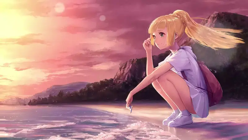 arts, beach, lily, sea, anime girls, anime, evening, pokemon, sunset Live Wallpaper