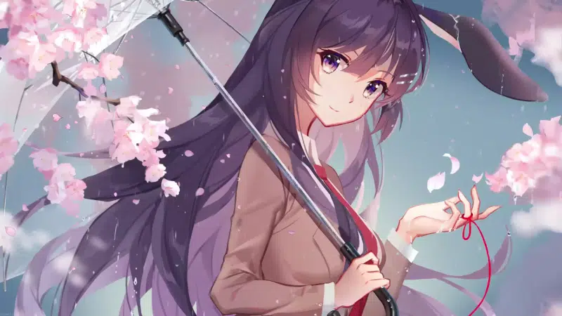 rascal does not dream of bunny girl senpai, petals, anime, umbrella, arts, mai sakurajima, school uniform, rain, anime girls, nice girl, beautiful girl, Live Wallpaper
