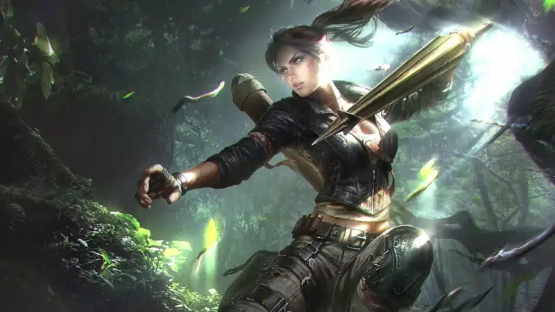 spear, arts, forest, lara croft, girls Live Wallpaper