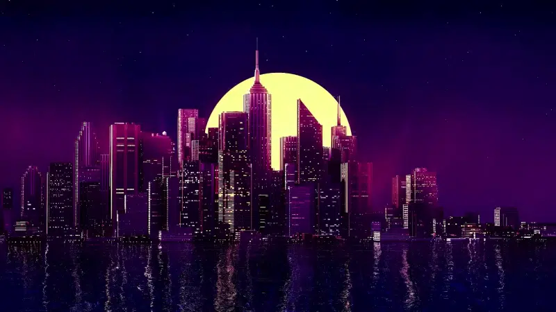 retro, arts, night, cities, the city at night, reflection Live Wallpaper