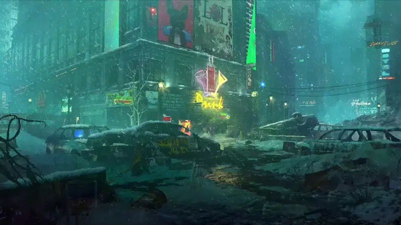 arts, cities, snow, winter, apocalypse - post-apocalypse, neon Live Wallpaper