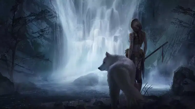 waterfall, anime girls, princess mononoke, anime, lupus, animals, dignity, arts Live Wallpaper