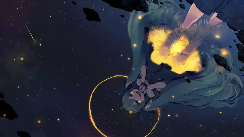 miku hatsune, arts, virtual singer, reflection, water, starry sky, comet, stars, anime, anime girls Live Wallpaper