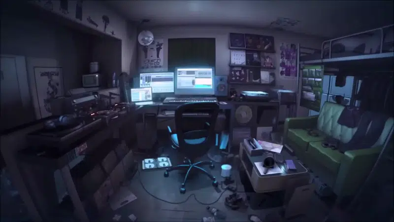 headphones, a computer, virtual singer, a mess, miku hatsune, room, anime girls, anime, arts Live Wallpaper