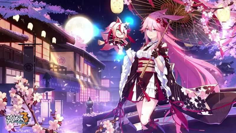 full moon, yae sakura, honkai impact, moon, night, gyakushinn miko, anime girls, sakura, anime, petals, arts, games Live Wallpaper