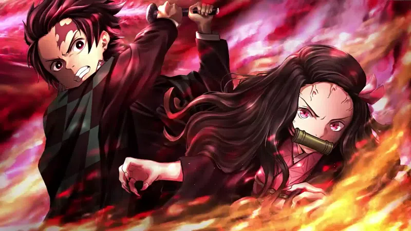 nezuko kamado, demon slayer, fire, tanjirou kamado, arts, katana, anime girls, anime Live Wallpaper