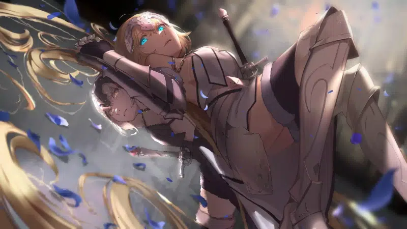 games, sword, reflection, armor, anime girls, arts, fate, petals, joan of arc, anime, steering wheel Live Wallpaper