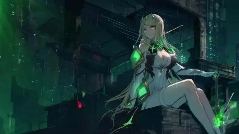 anime girls, games, cities, pyra, xenoblade chronicles 2, sword, anime, rain, arts, the city at night, big breasts, mythra Live Wallpaper
