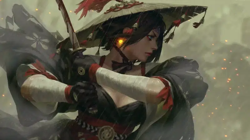 blood, guweiz, anime girls, rain, katana, anime, arts, samurai Live Wallpaper