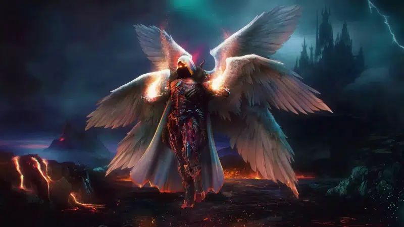 night, angel, wings, arts, castle, the archangel Live Wallpaper