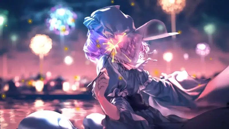 arts, anime, firework, a summer days dream, festival, yuyuko saigyoji, anime girls, holiday Live Wallpaper