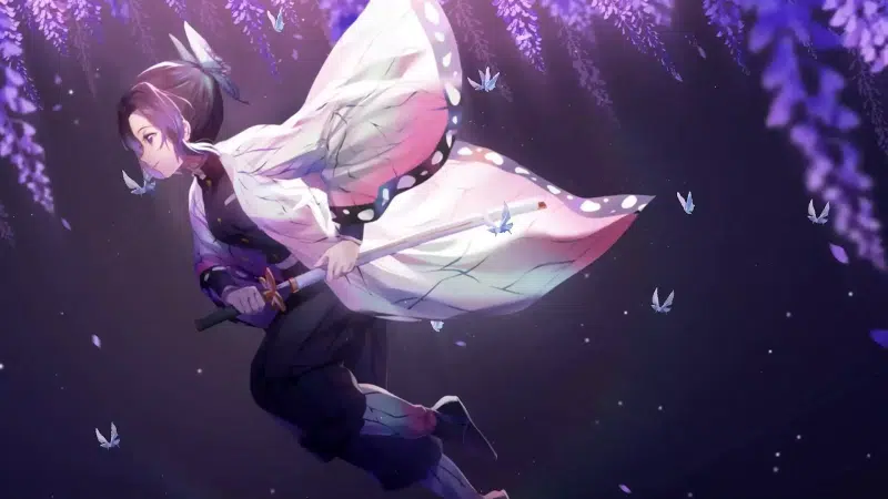 arts, wisteria, anime, shinobu kochou, katana, demon slayer, butterflies, anime girls Live Wallpaper
