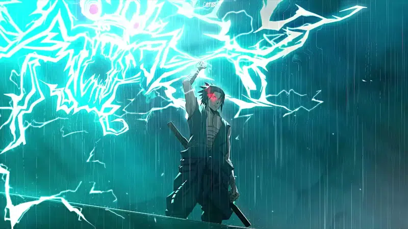 rain, naruto, night, arts, sasuke uchiha, anime Live Wallpaper