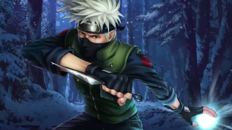 naruto, snow, shinobi, kakashi hatake, arts, anime, winter, forest, kunai Live Wallpaper