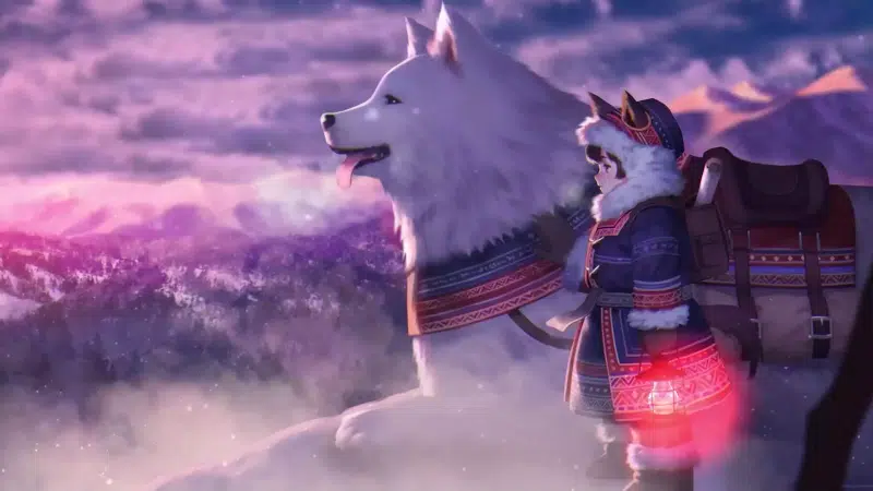 winter, anime girls, dog, ears, anime, animals, arts, evening Live Wallpaper