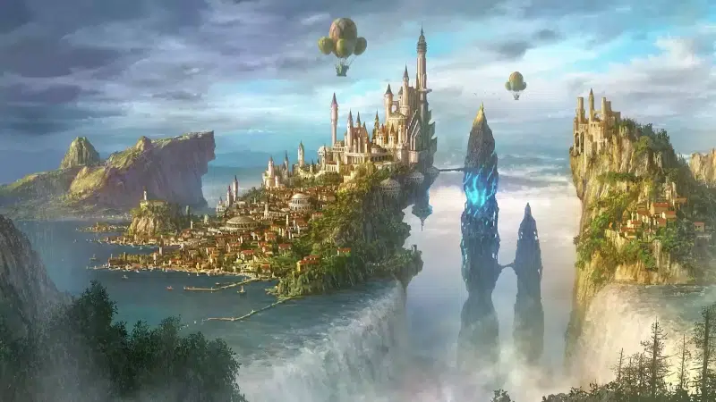 flying island, arts, waterfall, cities, fantasy, sky, the clouds Live Wallpaper
