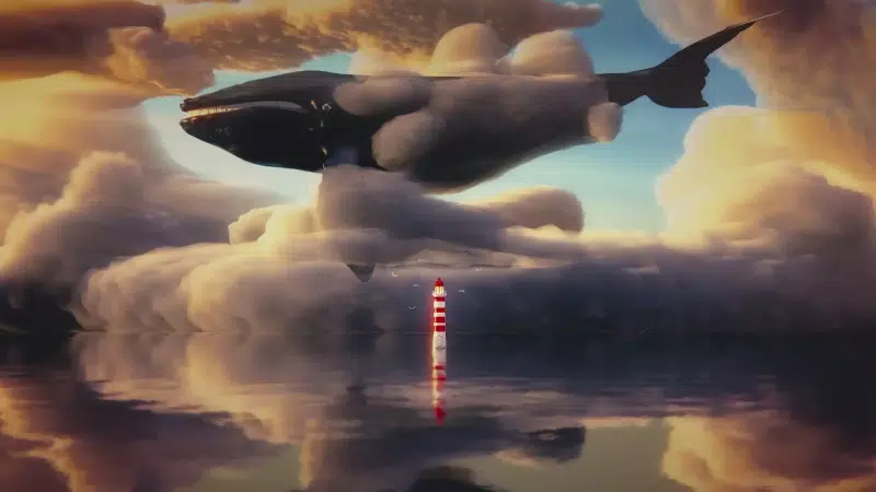 arts, the clouds, lighthouse, sea, whale, fantasy, sea of clouds, animals, flying whale Live Wallpaper