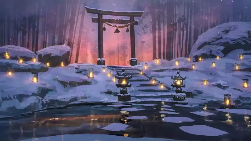 water, winter, torii, arts, river, snow, ice Live Wallpaper