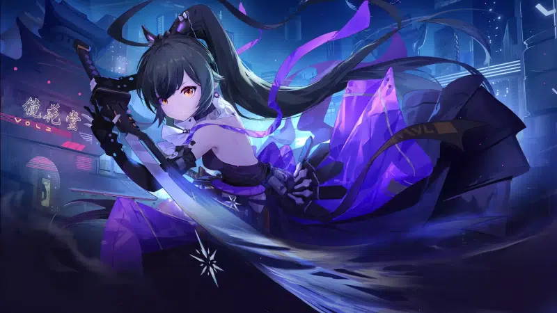 fantasy tower, cities, arts, anime girls, saki fuwa, anime, games, the city at night, sword, tower of fantasy Live Wallpaper