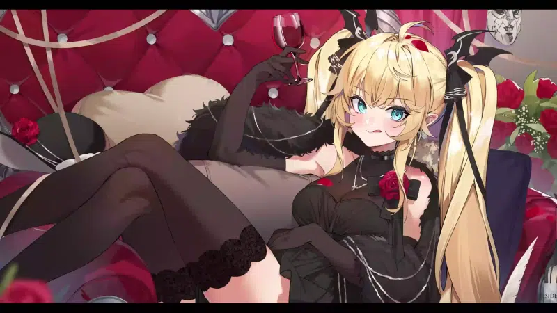 dress, flowers, roses, anime girls, wine, tongue, foot to foot, blue eyes, blond hair, anime, stockings, long hair, glass Live Wallpaper