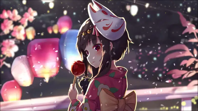 chomusuke, anime girls, megumin, caramel apple, festival, arts, kitsune mask, konosuba, sakura, holiday, yukata, anime, this wonderful world, hanami Live Wallpaper