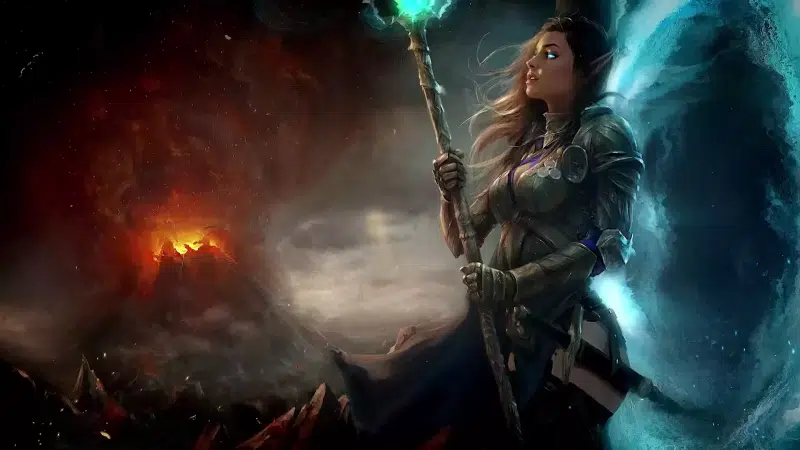 fantasy, portal, staff, volcano, dagger, armor, elf, armor, arts, girls Live Wallpaper