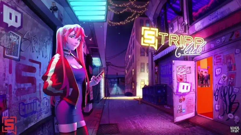 night club, dress, street, cities, anime girls, anime, stockings, arts, night, neon Live Wallpaper