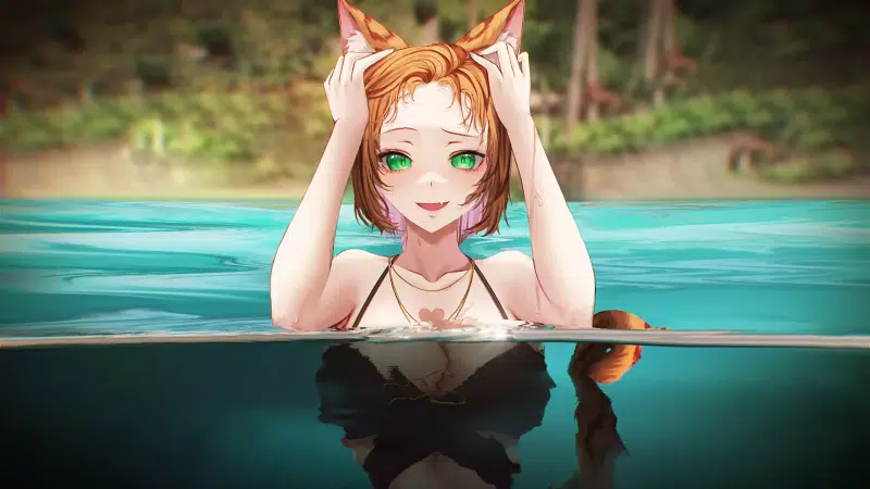 arts, anime girls, bra, neko, water, anime, short hair, cat girl, tail, swimsuit, floating in the water, brassiere, wet, river, ears, breast Live Wallpaper