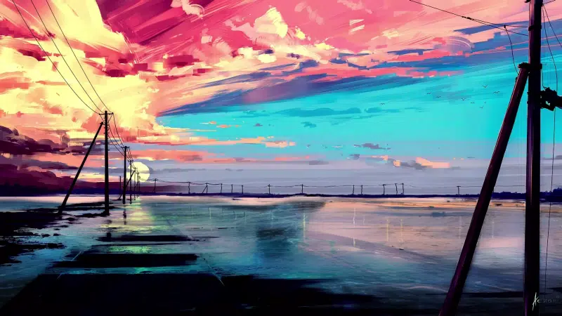 sunset, sky, arts, river, landscapes - nature, bird Live Wallpaper