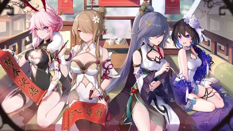 chinese new year, seele vollerei, arts, fu hua, games, yae sakura, big breasts, ears, rita rossweisse, anime girls, honkai impact, anime Live Wallpaper