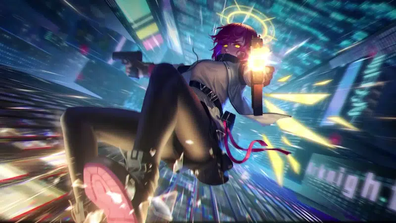 anime, anime girls, cities, weightlessness, a fall, arknights, skirt, flying, angel fighter, night, arts, halo, soaring, weapon, exusiai, games, tights Live Wallpaper