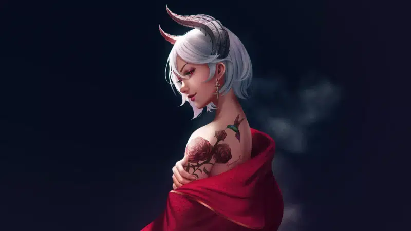horns, demon, tattoo, anime girls, red eyes, arts, anime Live Wallpaper