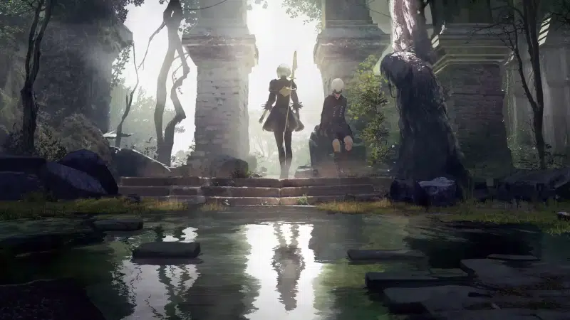 games, eye patch, anime, apocalypse - post-apocalypse, nier:automata, yorha, robots, 2b, 9s, katana, anime girls, pond, arts, dystopia, android Live Wallpaper