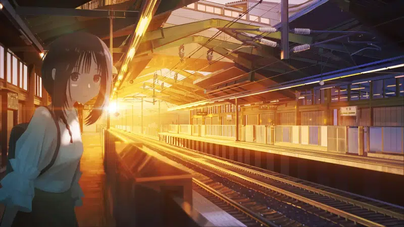 train station, anime girls, the rays of the sun, a train, school uniform, sunset, arts, anime, railway station Live Wallpaper