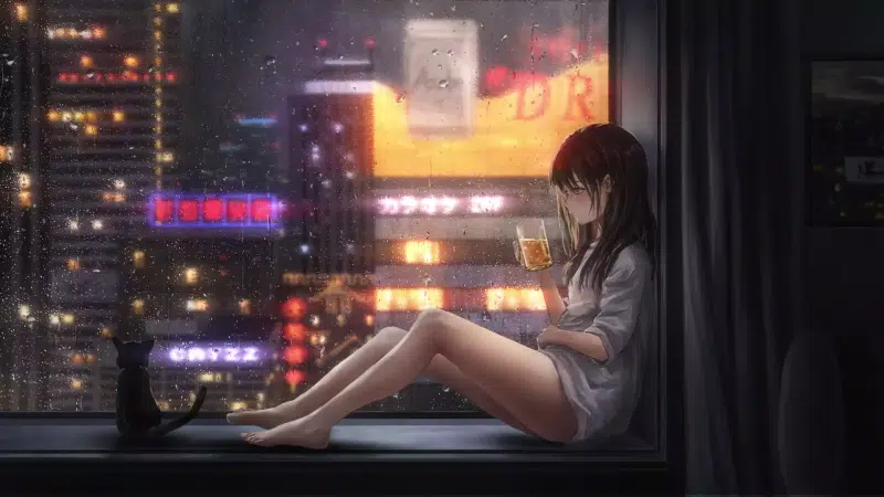 by the window, rain, the city at night, cities, night, arts, window, beer, anime, anime girls, the city from the window Live Wallpaper