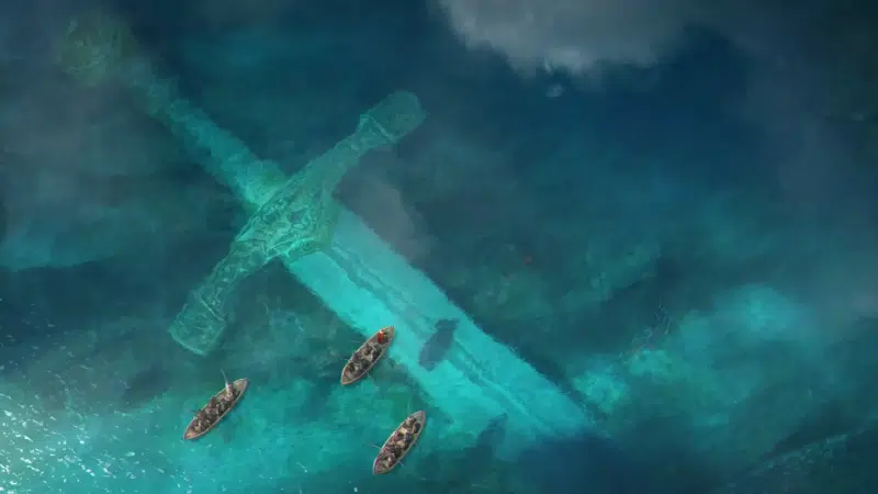 a huge sword, a boat, sword, arts, sea Live Wallpaper