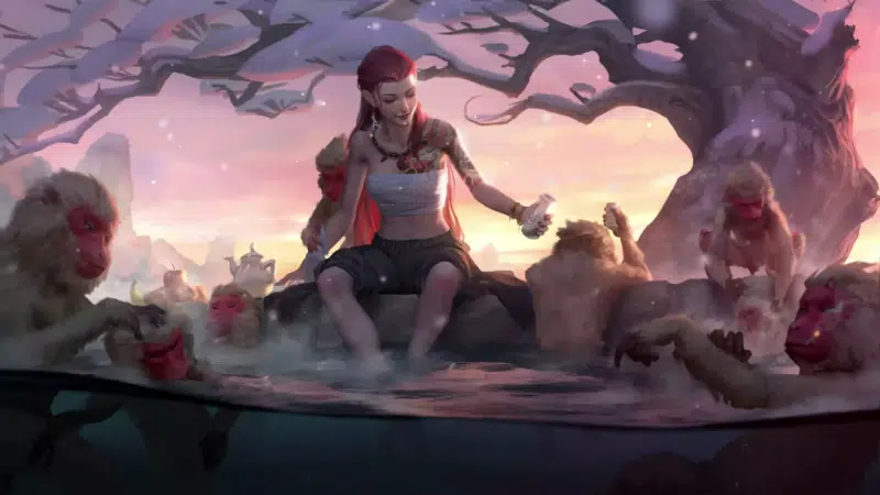 japan, tattoo, a monkey, hot springs, snow, animals, anime girls, mountains, japanese macaque, arts, winter, anime Live Wallpaper