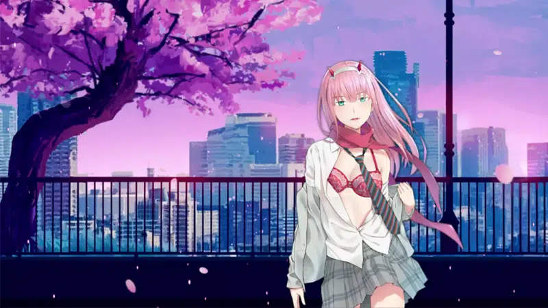 arts, zero two, sakura, cities, lingerie, skirt, 002, anime, bra, anime girls, brassiere, horns, petals, zero tu, school uniform, darling in the franxx Live Wallpaper
